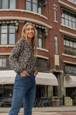 ZUSSS Tops*blouse blaadjes print zwart