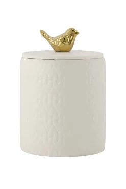 ZUSSS Geurkaarsen*keramieken geurkaars met deksel vogel structuur hartjes wit