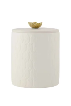 ZUSSS Geurkaarsen*keramieken geurkaars met deksel bloem structuur veertjes wit