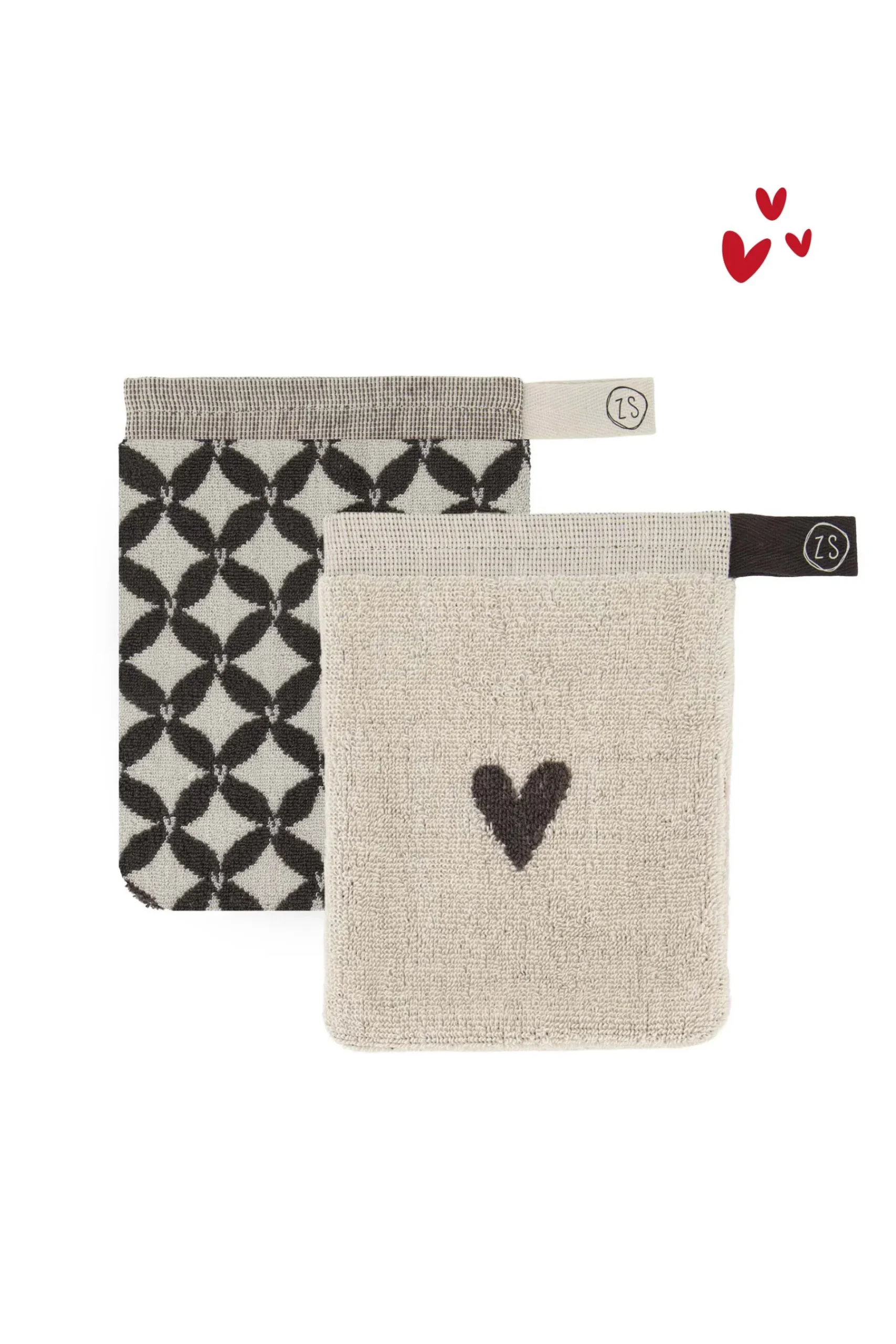 ZUSSS Bad*set van 2 washandjes hartje/patroon antracietgrijs/zand zand/antraciet