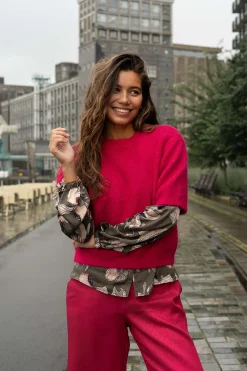 ZUSSS Truien*trui met boothals roze rood rozerood