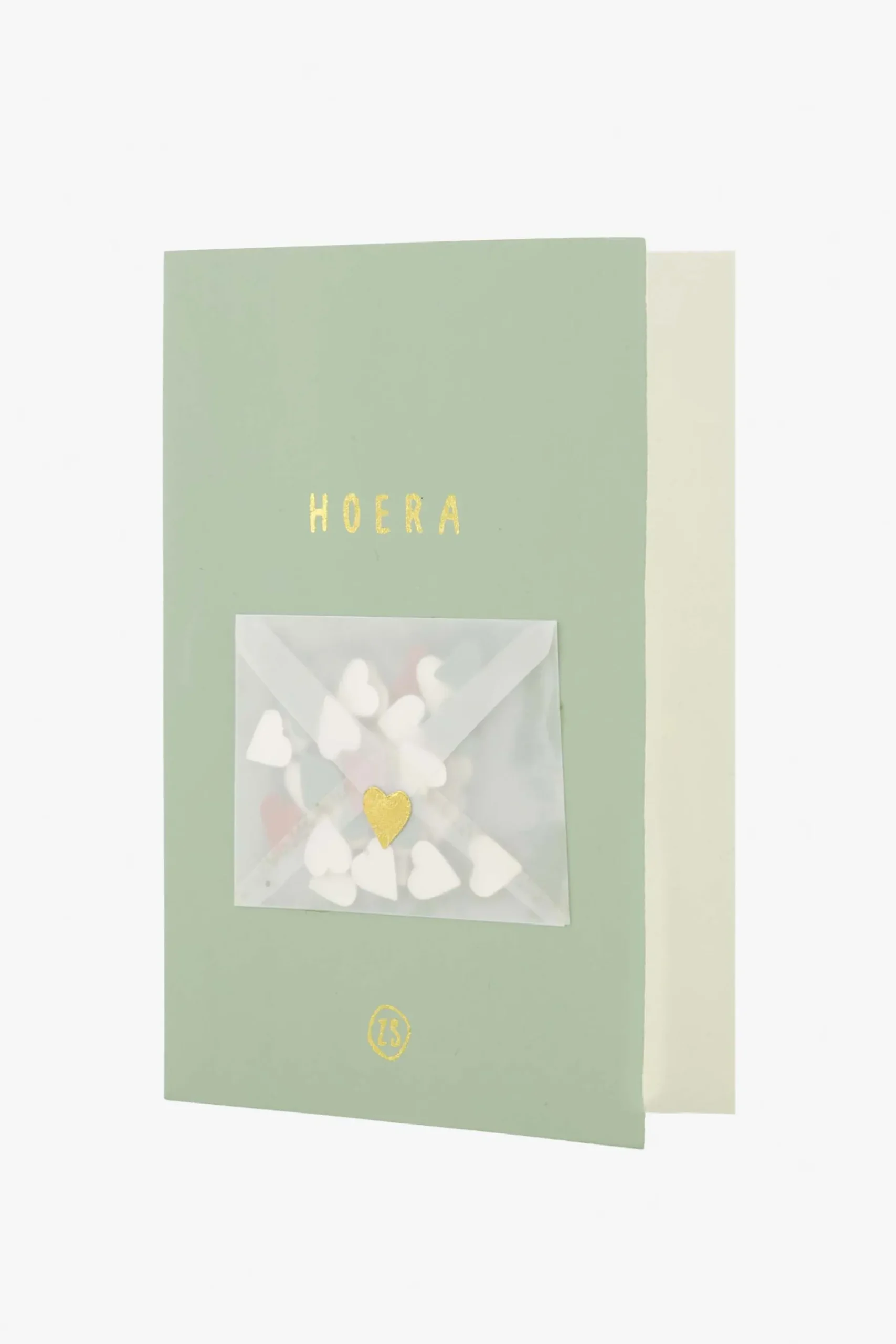ZUSSS Kaartjes*wenskaart hoera met hartjes confetti saliegroen saligroen