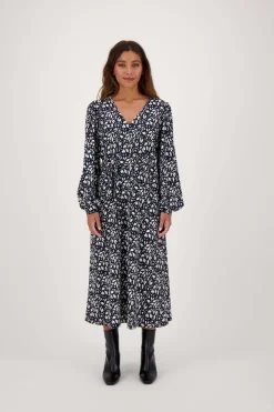 ZUSSS Jurkjes & Rokken*wikkeljurk met blaadjesprint donkerblauw